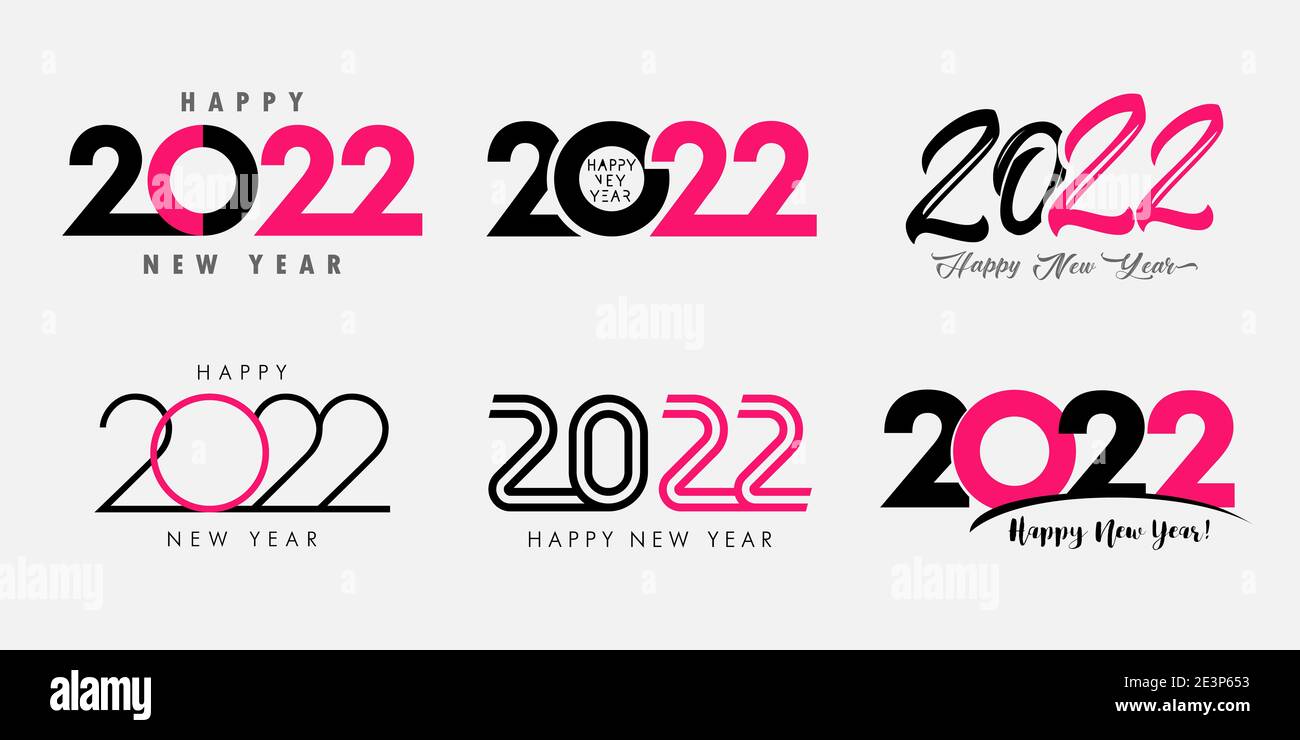 Big Set of 2022 Happy New Year gold colored logo text design. 20 & 22 number design template. Collection of 2022 Xmas symbols. Vector illustration Stock Photo
