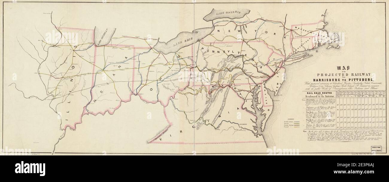 Map of the projected railway from Harrisburg to Pittsburg (sic), with proposed extension to Cleveland, Wooster, Sandusky, Toledo, Cincinnati; Michigan City, Chicago, Galena, Rock Island, St. Louis, Stock Photo