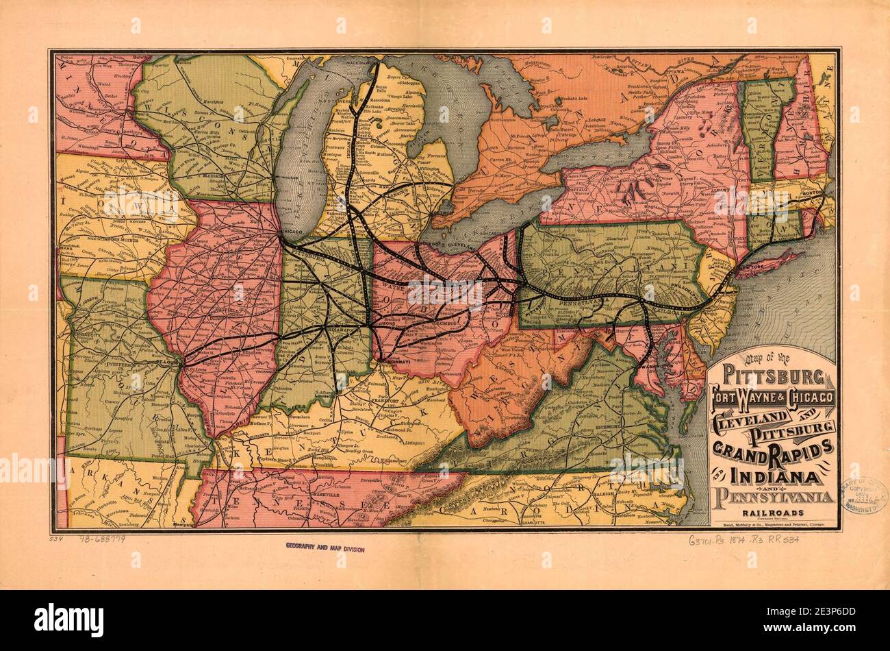 Map of the Pittsburg (sic), Fort Wayne & Chicago, Cleveland and Pittsburg (sic), Grand Rapids and Indiana, and Pennsylvania railroads. Stock Photo
