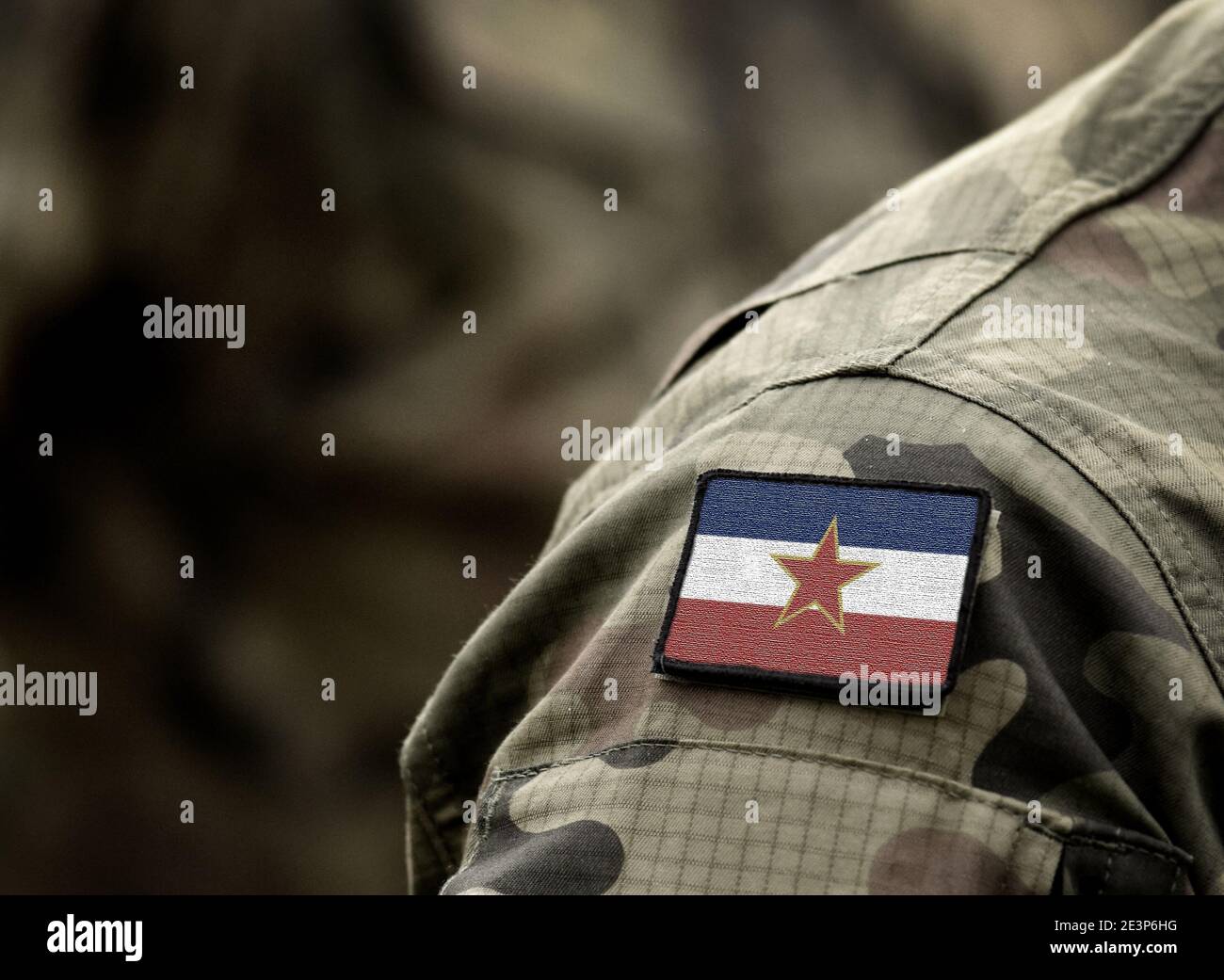 Flag of Yugoslavia on military uniform. Army, armed forces, soldiers. Collage. Stock Photo