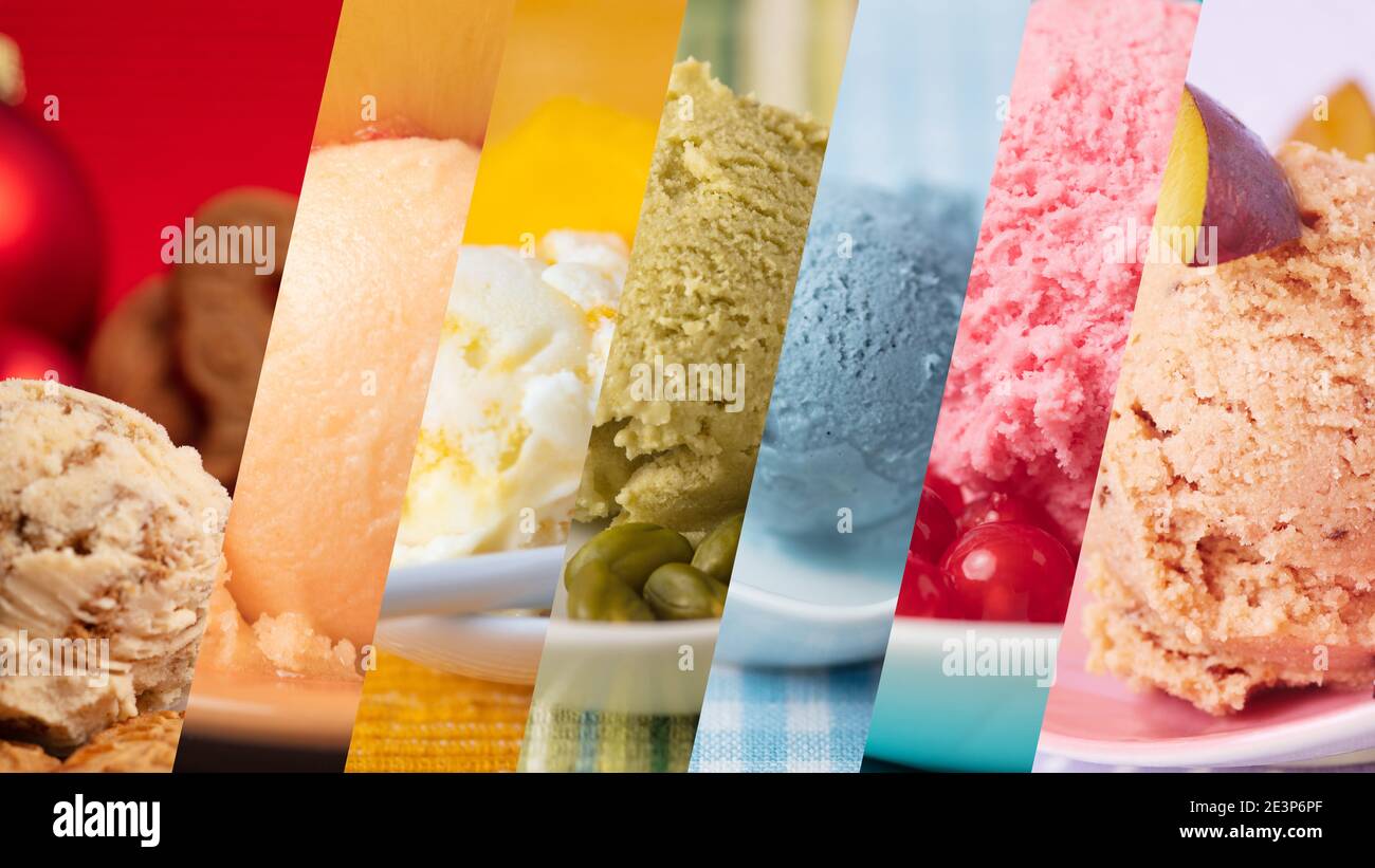Colorful variety of ice cream and ice cream flavors in the colors of