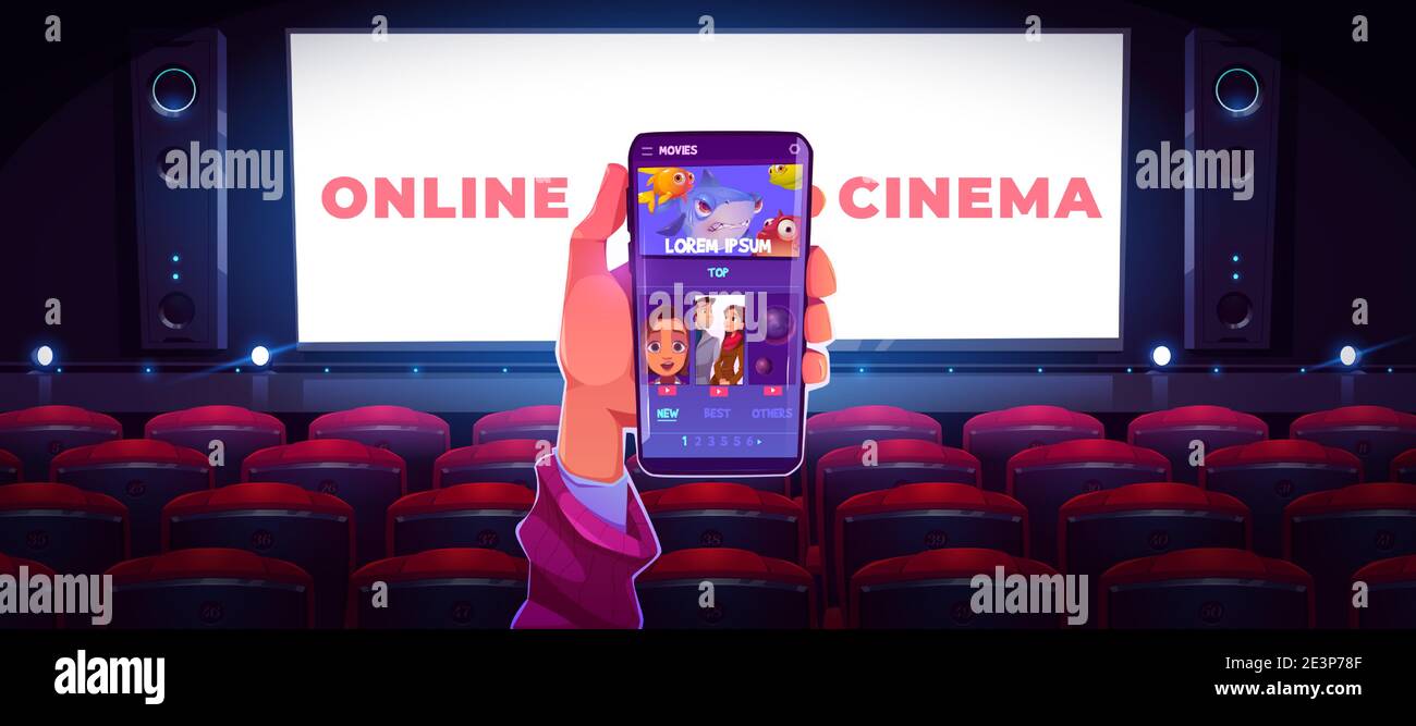 Online cinema concept with human hand holding smartphone with application  for watching movie in internet on