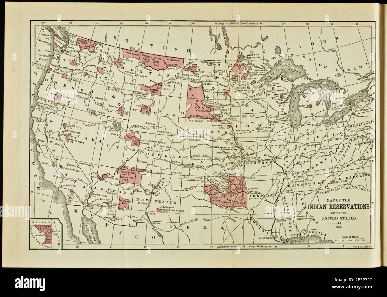 Map of the Indian reservations within the United States. 1884 Stock 
