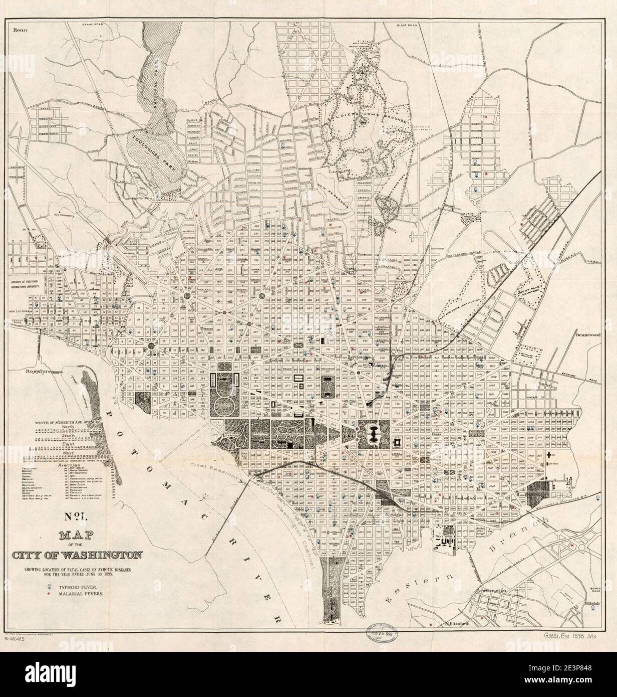 Map of the city of Washington showing location of fatal cases of zymotic diseases for the year ended June 30, 1898. Stock Photo