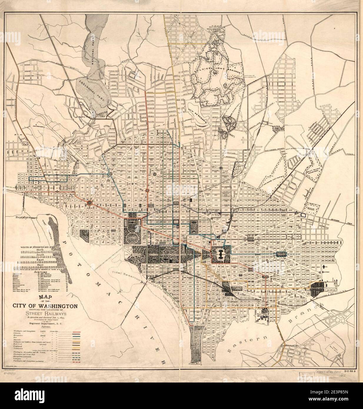 Map of the city of Washington showing the locations of street railways in operation and chartered Jan. 1, 1895 - to accompany the annual report of the Engineer Department, D.C. Stock Photo