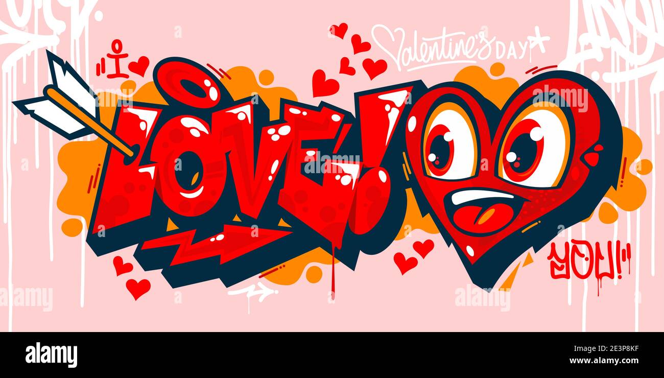 Abstract Graffiti Style I Love You With Hearts Text Lettering. Vector Illustration Art For Happy Valentines Day Or Wedding Stock Vector