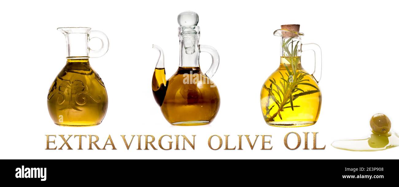 Extra virgin olive oil bottle and jars isolated. Group of bottle and text  'Extra virgin olive oil' in english language, jars with extra selection oli Stock Photo