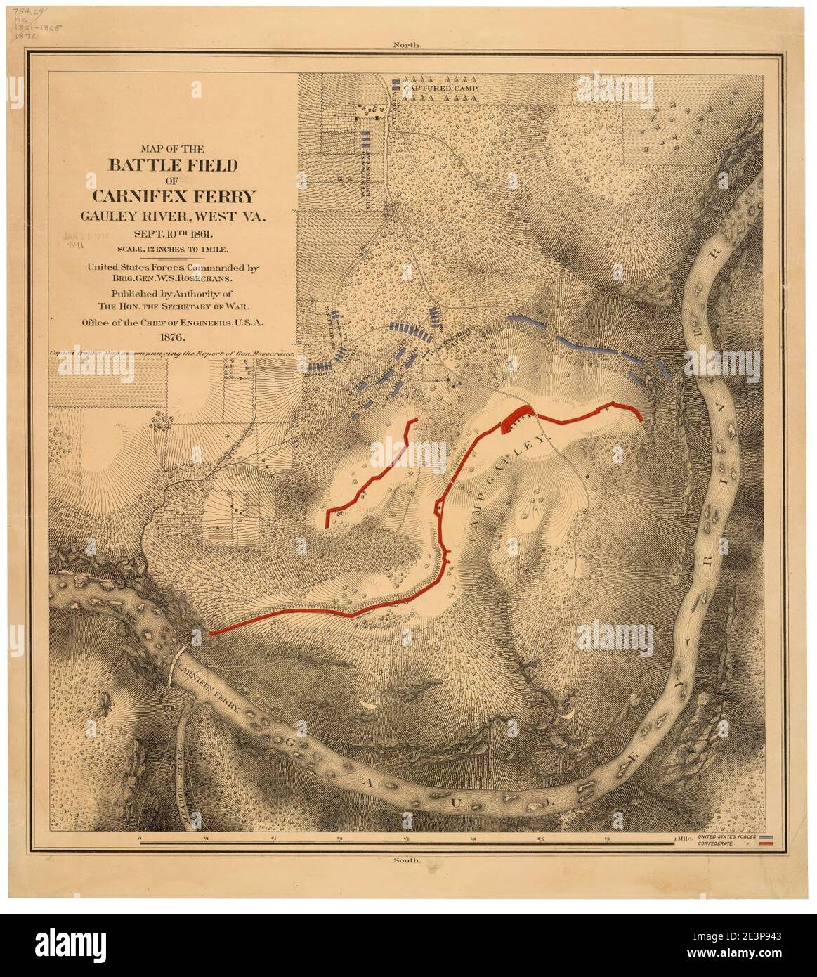 Map of the battle field of Carnifex Ferry, Gauley River, West Va., Sept. 10th 1861 - United States forces commanded by Brig. Gen. W.S. Rosecrans. Stock Photo