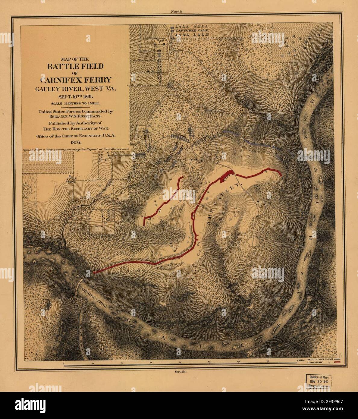 Map of the battle field of Carnifex Ferry, Gauley River, West Va., Sept. 10th 1861. United States forces commanded by Brig. Gen. W. S. Rosecrans Stock Photo