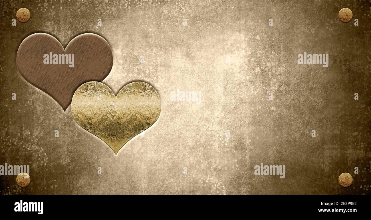 Valentine's day grunge card. Copper and gold metallic hearts on grunge paper background and thumbtacks Stock Photo