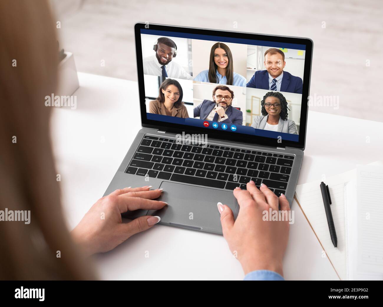 Woman At Laptop Having Video Call Meeting With Employees Indoors Stock ...