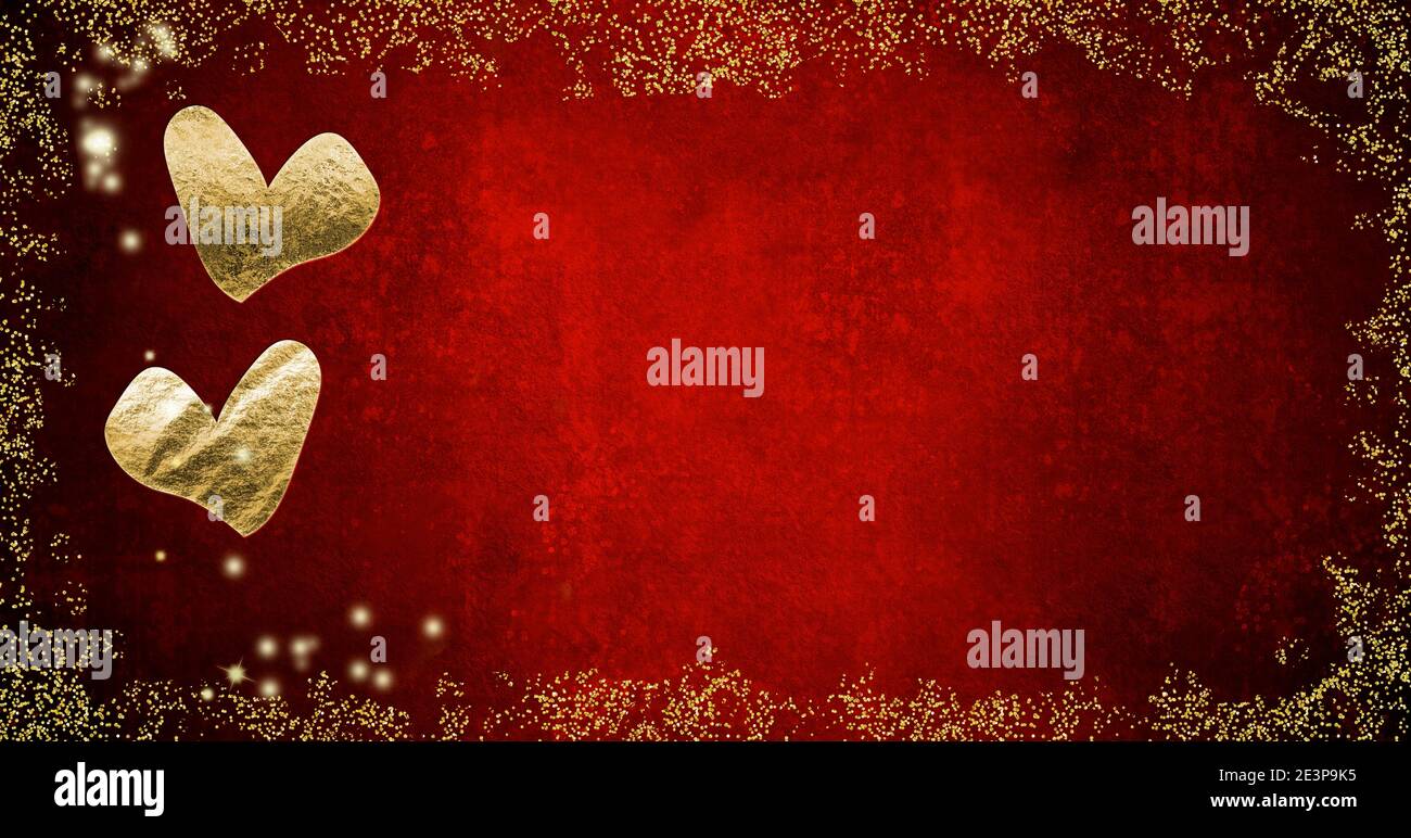 Valentine's Day cards. Two gold hearts on red paper background and gold ...