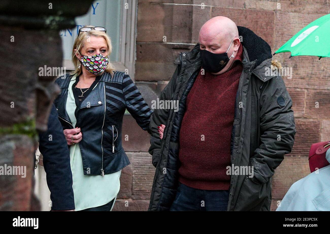 Peter Shingler (right), 56, a company manager of Wood Flour Mill in Bosley arrives at Chester Town Hall to stand trial on health and safety charges, along with colleagues, after the death of four employees in an explosion at the mill on July 17 2015. Mill owner George Boden is charged with four counts of gross negligence manslaughter. Picture date: Wednesday January 20, 2021. Stock Photo