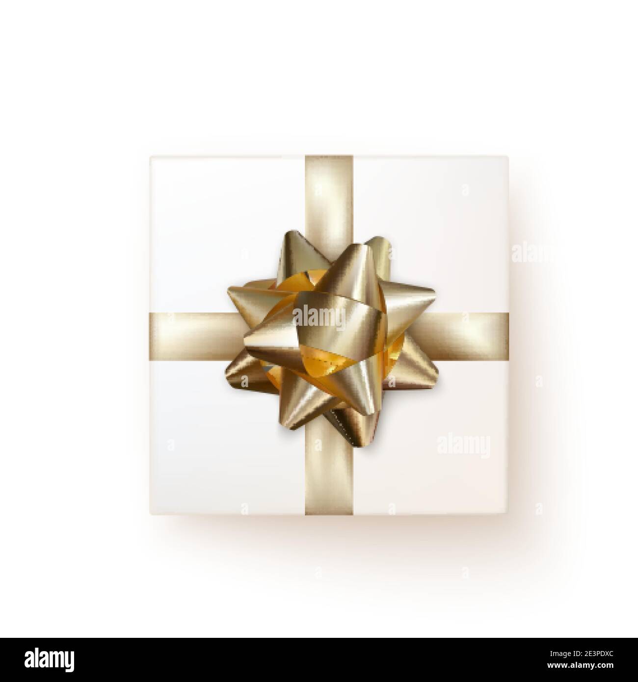 White gift box with golden silk bow in realistic style top view. Vector Stock Vector