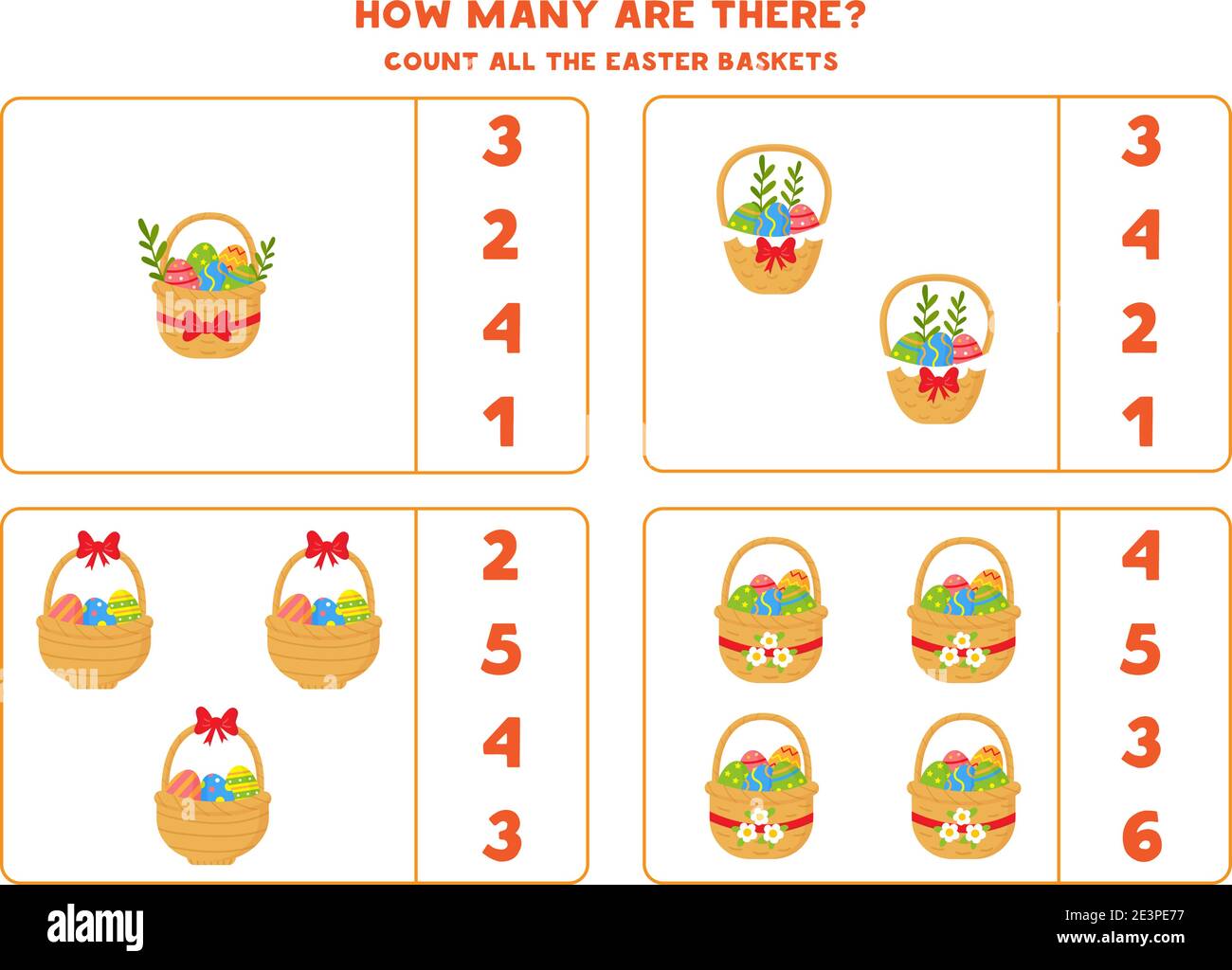 Count all Easter baskets full of eggs. Math game for preschool kids
