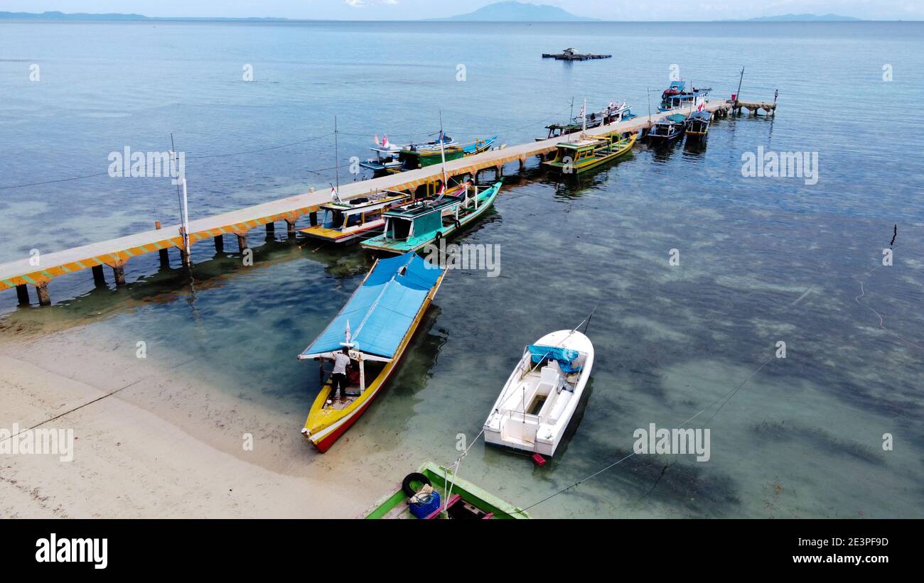 Aerial view of top down picture of colorful wooden boats. Boats at the ...