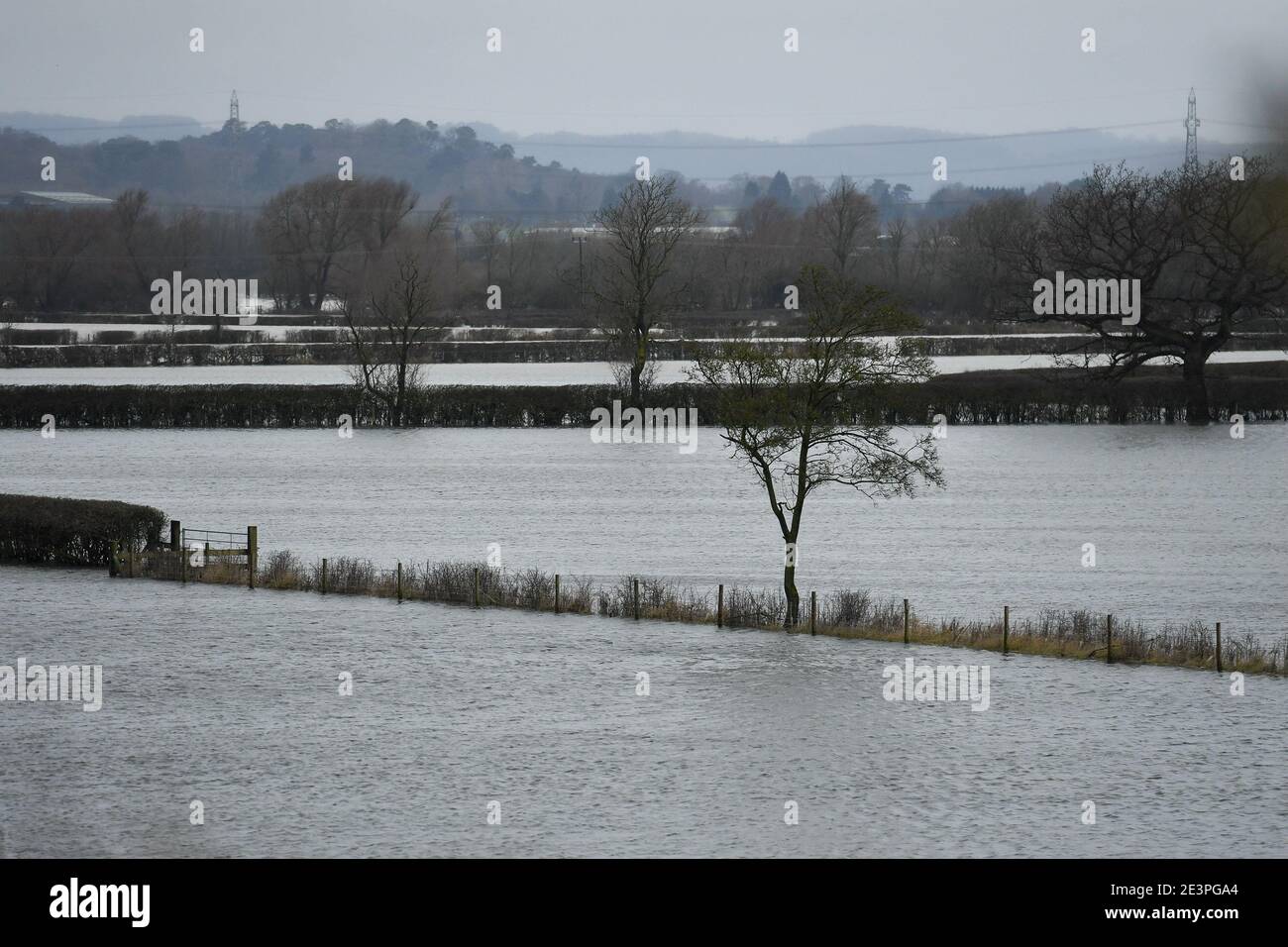 Flooded fields in Mountsorrel in Leicestershire, as Storm Christoph is set to bring widespread flooding, gales and snow to parts of the UK. Heavy rain is expected to hit the UK, with the Met Office warning homes and businesses are likely to be flooded, causing damage to some buildings. Picture date: Wednesday January 20, 2021. Stock Photo