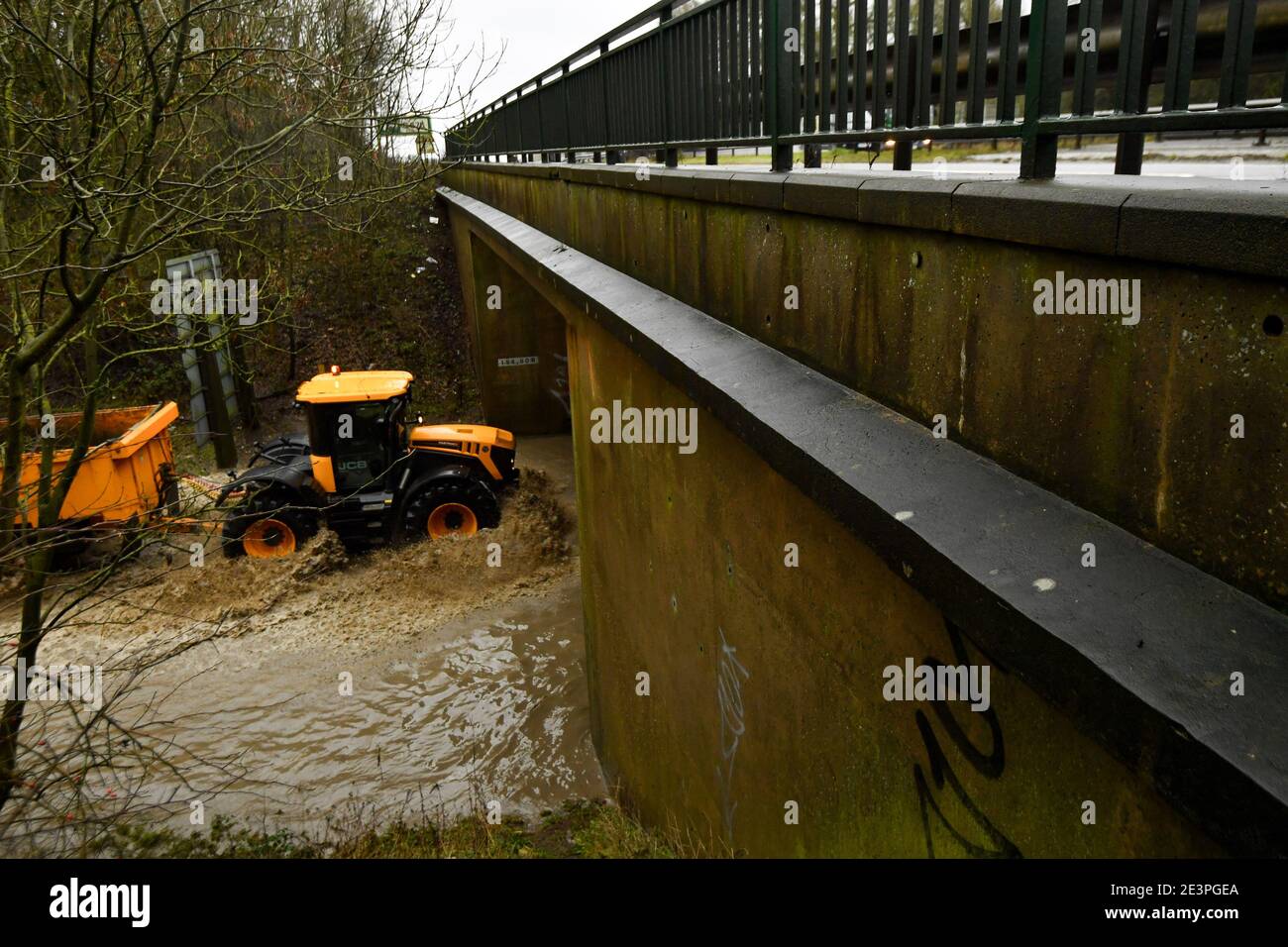 Flooding underneath the A46 at Six Hills Lane in Leicestershire, as Storm Christoph is set to bring widespread flooding, gales and snow to parts of the UK. Heavy rain is expected to hit the UK, with the Met Office warning homes and businesses are likely to be flooded, causing damage to some buildings. Picture date: Wednesday January 20, 2021. Stock Photo