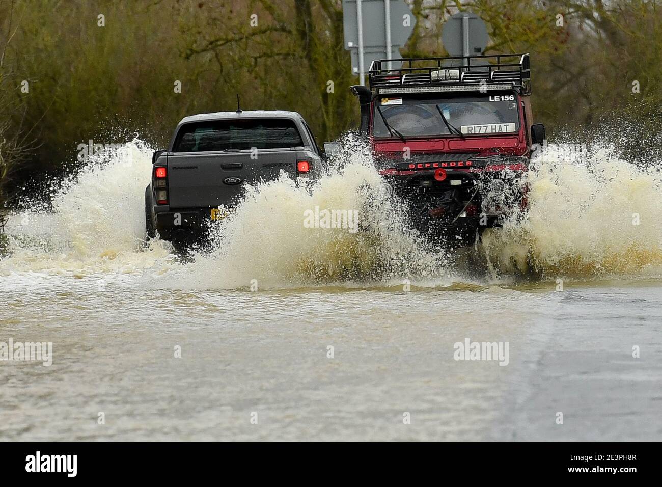 Vehicles navigate the flooded Mountsorrel Lane in Leicestershire, as Storm Christoph is set to bring widespread flooding, gales and snow to parts of the UK. Heavy rain is expected to hit the UK, with the Met Office warning homes and businesses are likely to be flooded, causing damage to some buildings. Picture date: Wednesday January 20, 2021. Stock Photo