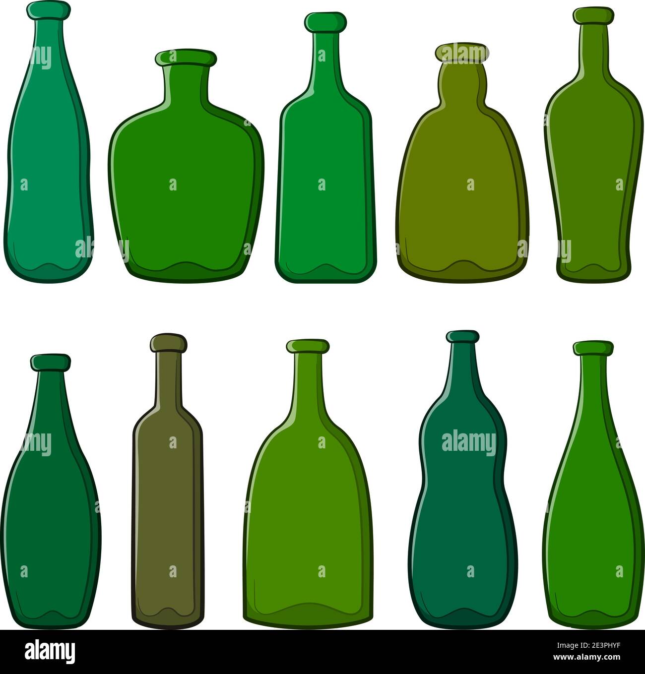 Set of Green Vintage Bottles Isolated on White Background. Vector Stock