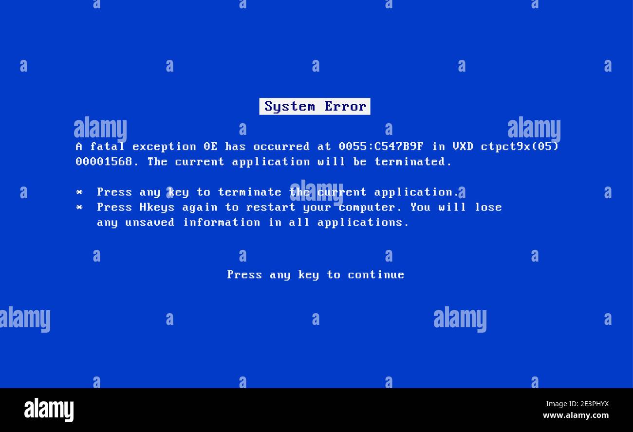 BSOD screen old 98 error crash software. Bluescreen death system pc bug, bsod screen Stock Vector