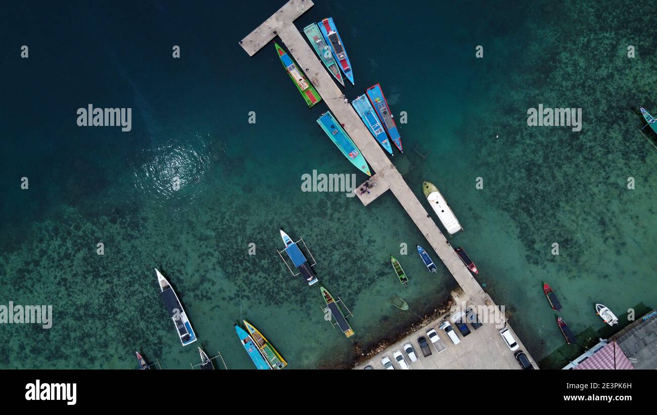 Aerial view of top down picture of colorful wooden boats. Boats at the ...