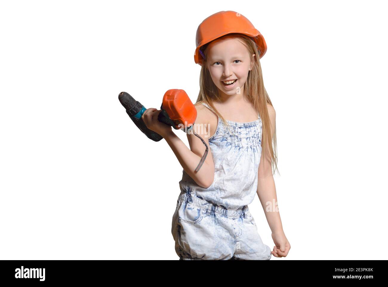 Little Engineer, Little girl wearing the construction helmet, is ...