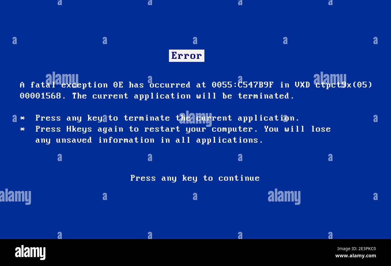 BSOD screen old 98 error crash software. Bluescreen death system pc bug