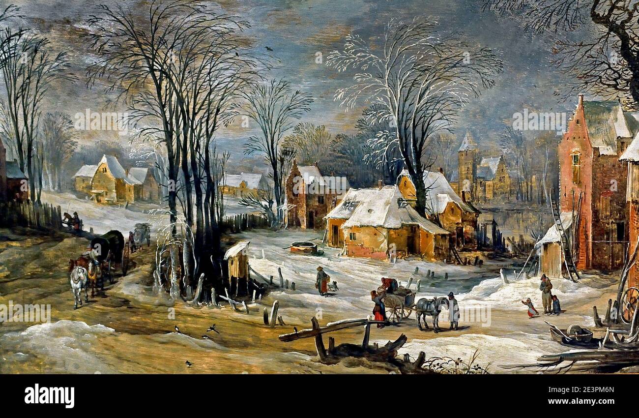 Joos de Momper the Younger  1564-1635 and Jan Brueghel the Younger 1601-1678  Winter Village landscape with Carts and Wagon 1620  Belgian, Belgium, Flemish, Stock Photo