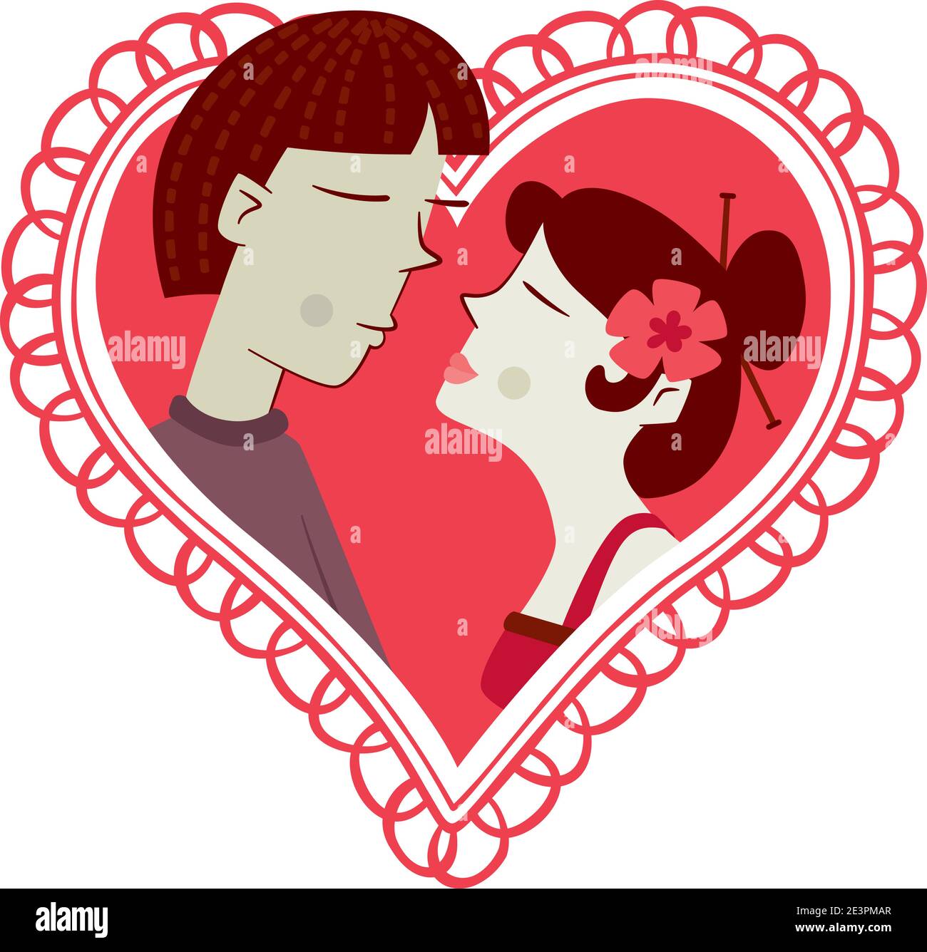 A couple of Asian race kiss on a heart-shaped background. Stock Vector