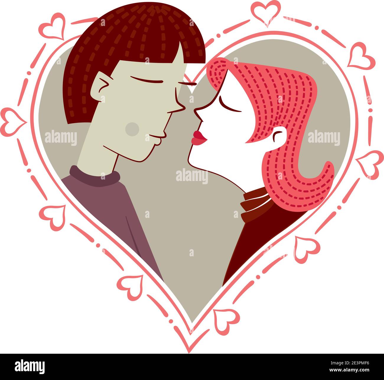 A young Asian man and a Caucasian girl kiss on a heart-shaped background. Stock Vector