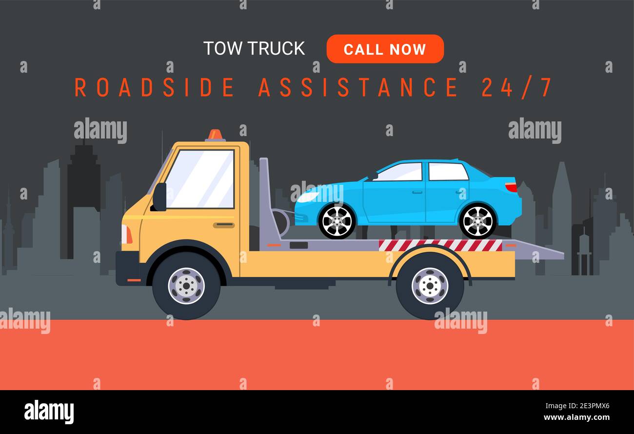 Car tow truck accident roadside assistance. Crash breakdown flatbed blue car recovery tow truck Stock Vector