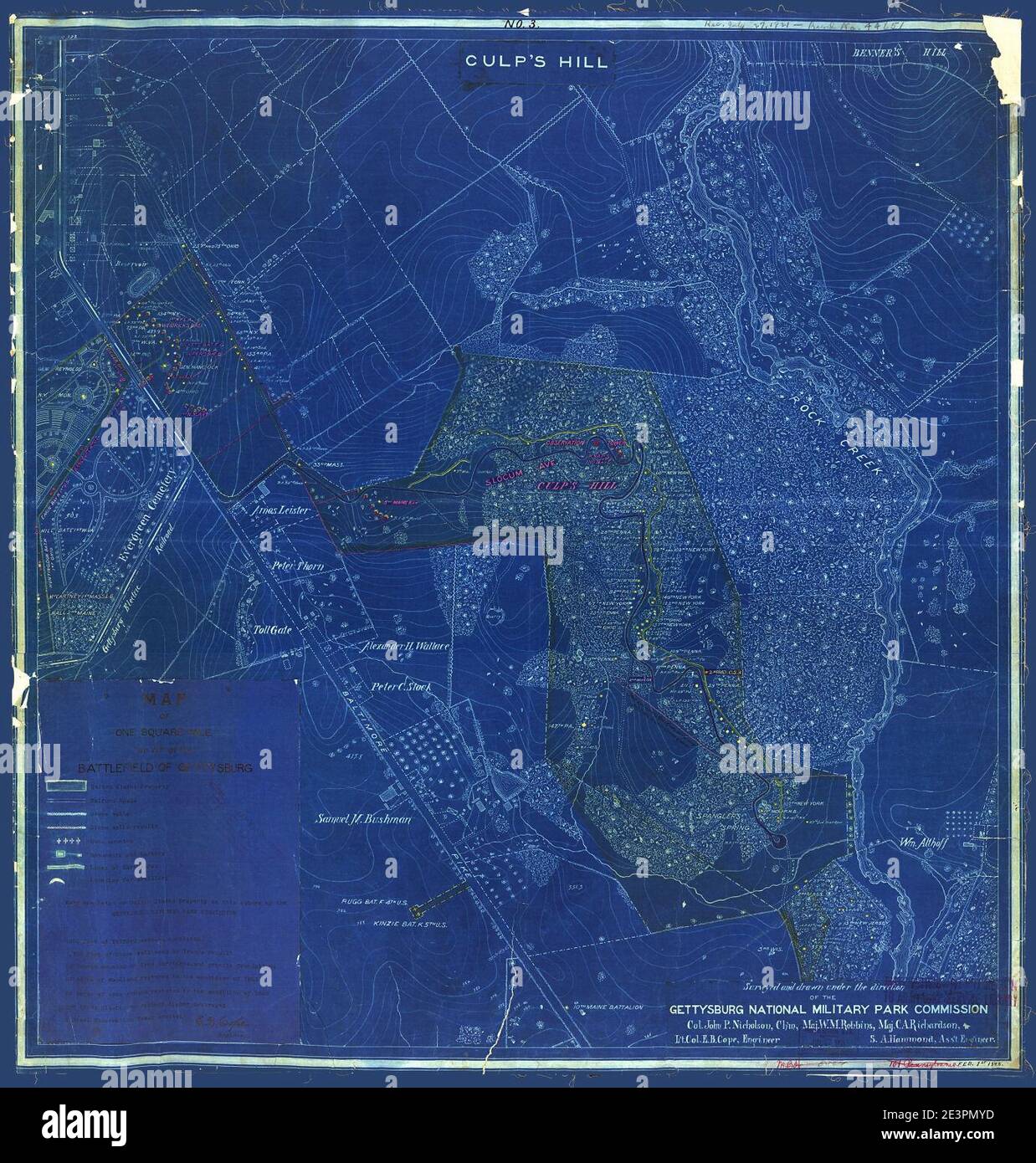 Map of one square mile or 125 of the battlefield of Gettysburg Stock