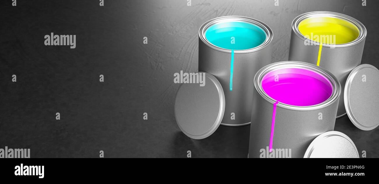 Paint pots with the CMY process colors of the subtractive color model: Cyan, Magenta, Yellow. Color stains on the pots. Web banner format. Stock Photo