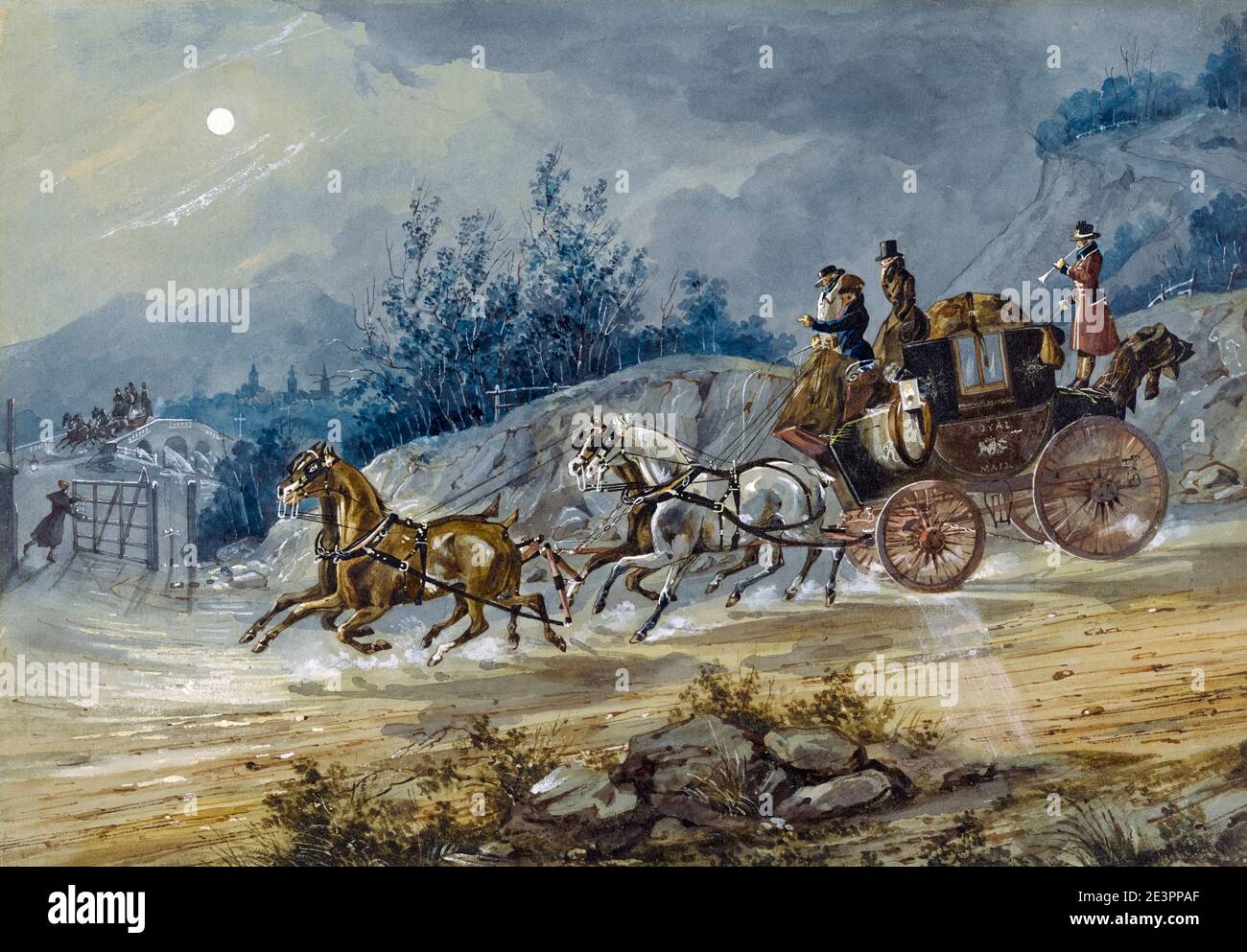The London-Dumphries (sic) Royal Mail coach and horses, painting by Charles B. Newhouse, 1830-1840 Stock Photo