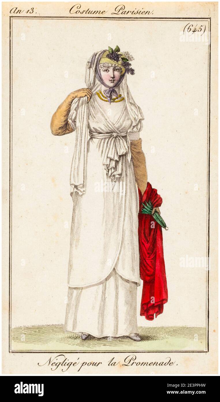 Ladies and Fashion Journal: Parisian Costume: Neglige pour la Promenade, print by Horace Vernet, 1805 Stock Photo