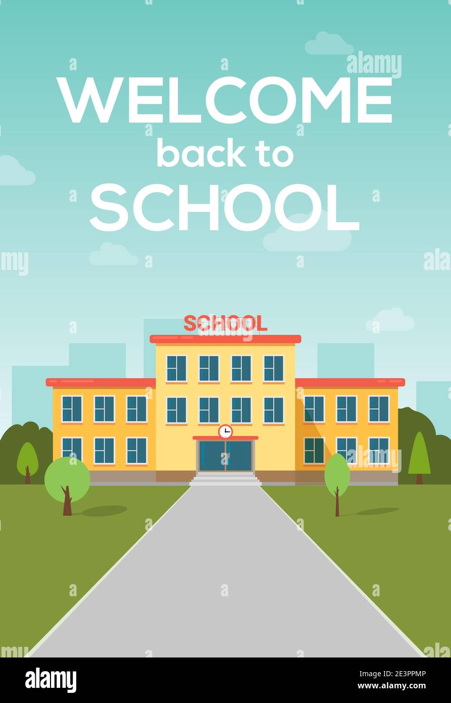 School building vector poster background. Welcome school education building campus cartoon Stock Vector