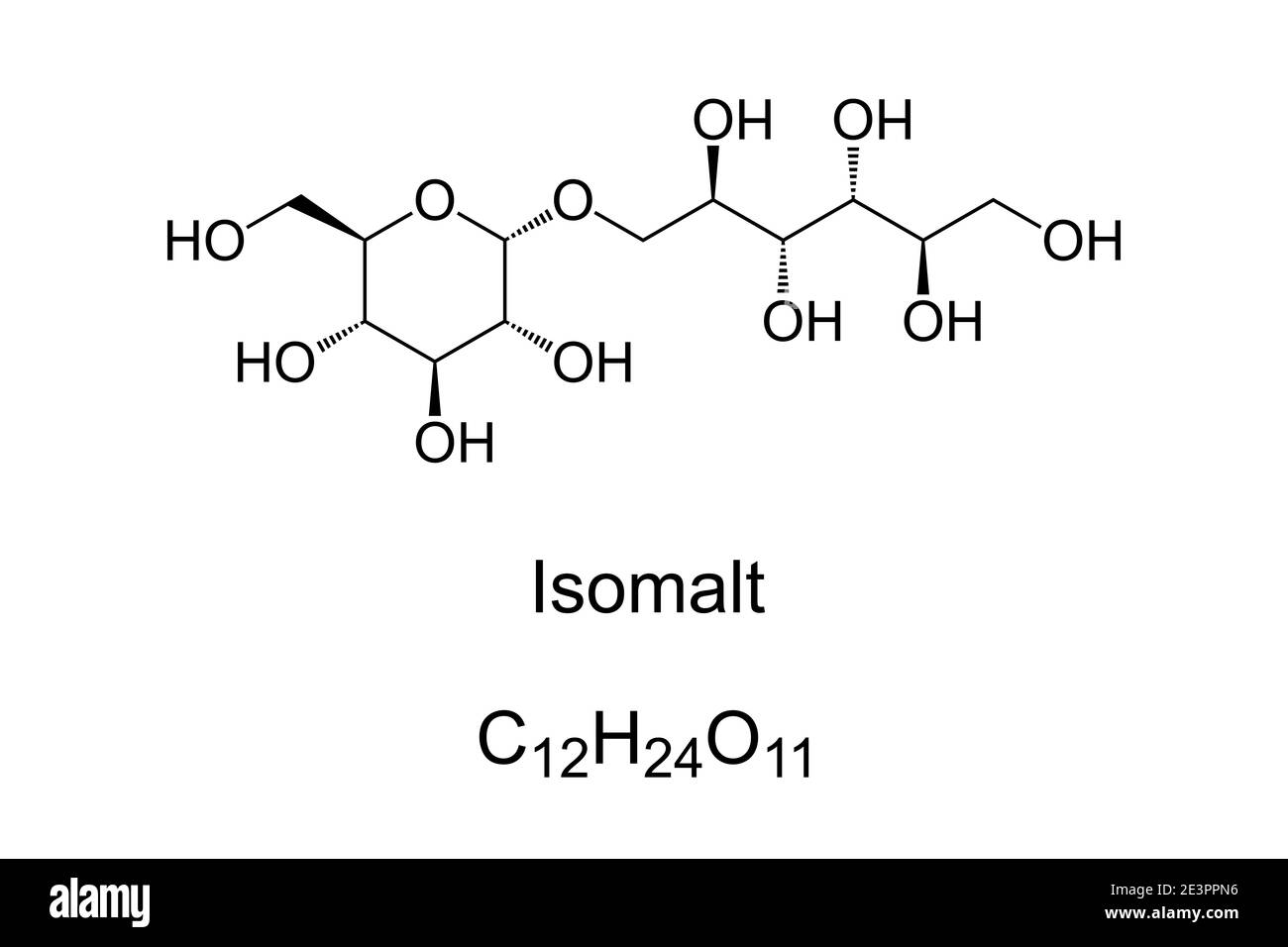 Isomalt, chemical formula and skeletal structure. A sugar substitute and a type of sugar alcohol. Widely used for production of sugar-free candy. Stock Photo