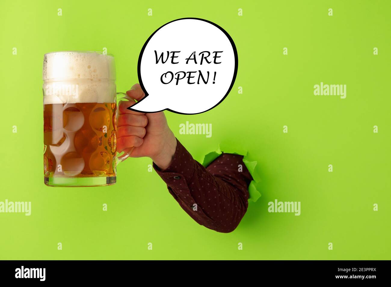 Closeup male hand with beer mug breaks through green paper background