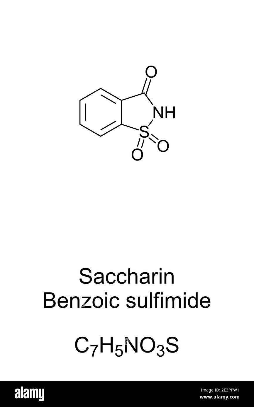 Saccharin, benzoic sulfimide, chemical formula and skeletal structure. Artificial sweetener with no food energy. Code 954. Stock Photo