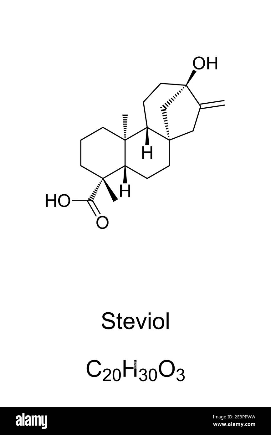 Steviol, chemical formula and skeletal structure. A diterpene, first isolated from the plant Stevia rebaudiana, used as sweetener and sugar substitute. Stock Photo