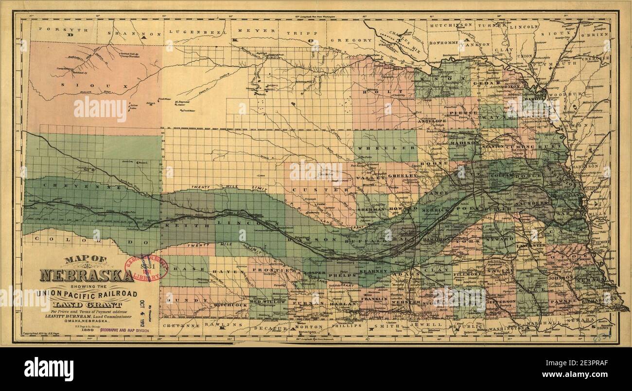 Map of Nebraska showing the Union Pacific Railroad land grant Stock