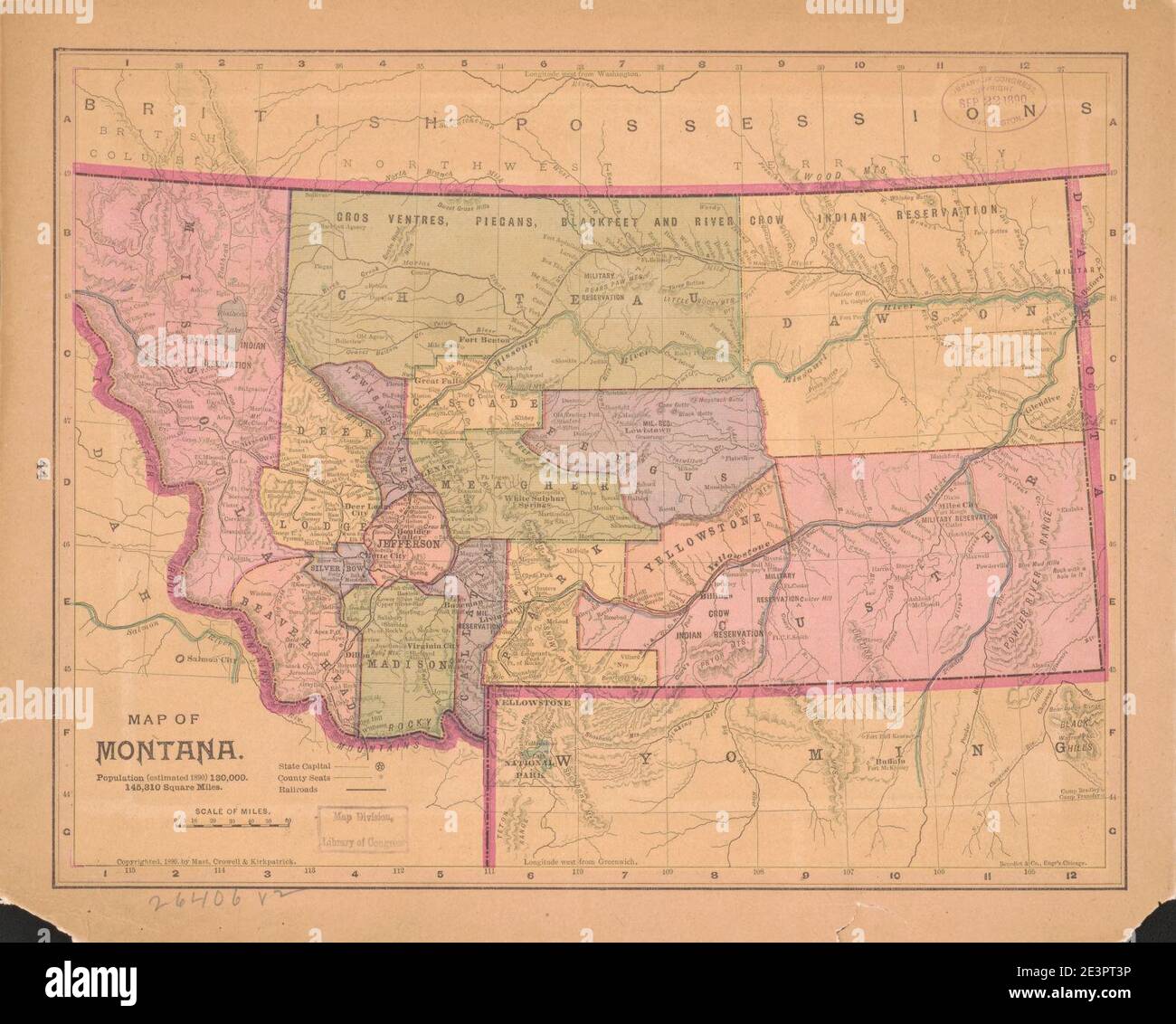 Map of Montana population (estimated 1890) 130,000. 145,310 square miles Stock Photo Alamy