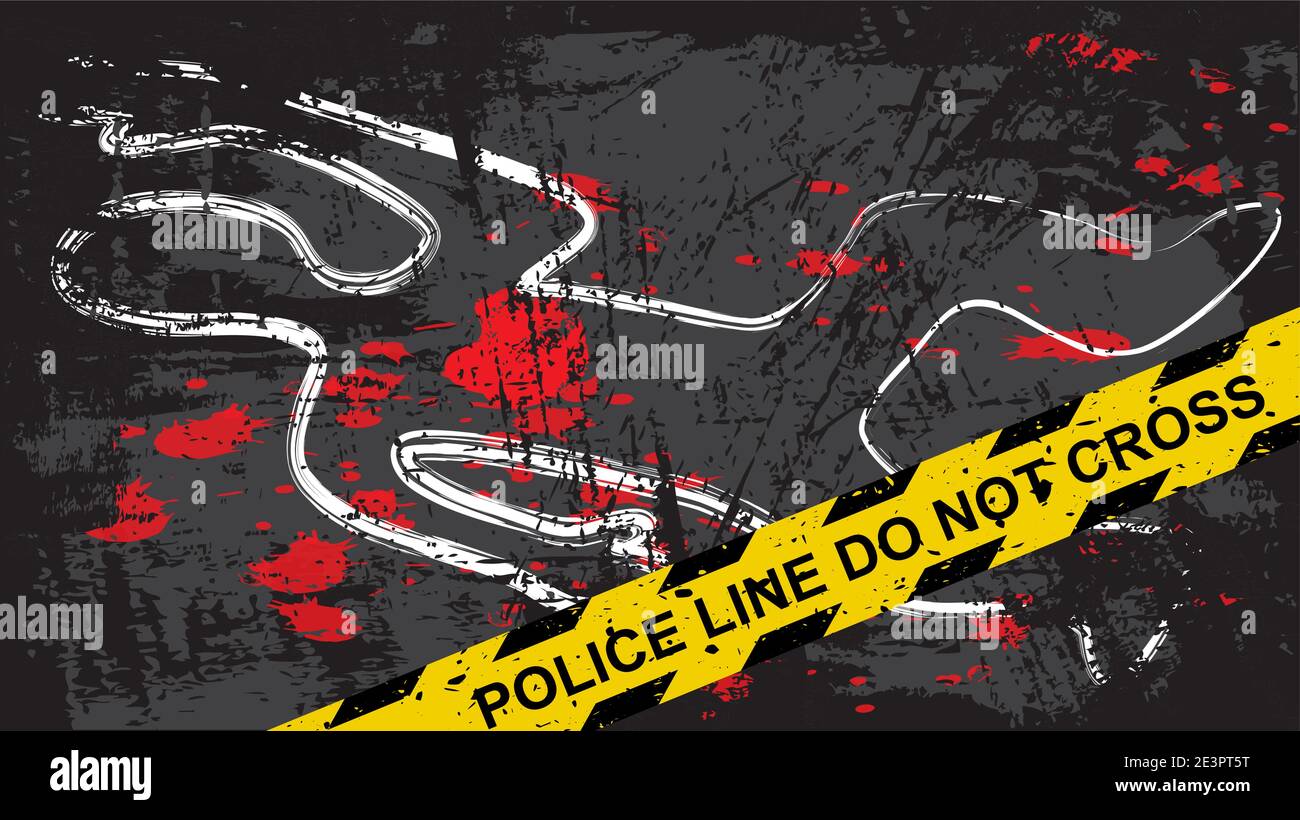 Crime scene with dead body and blood stains. Person chalk outline drawing  on the asphalt. Grunge background with yellow tape with text 