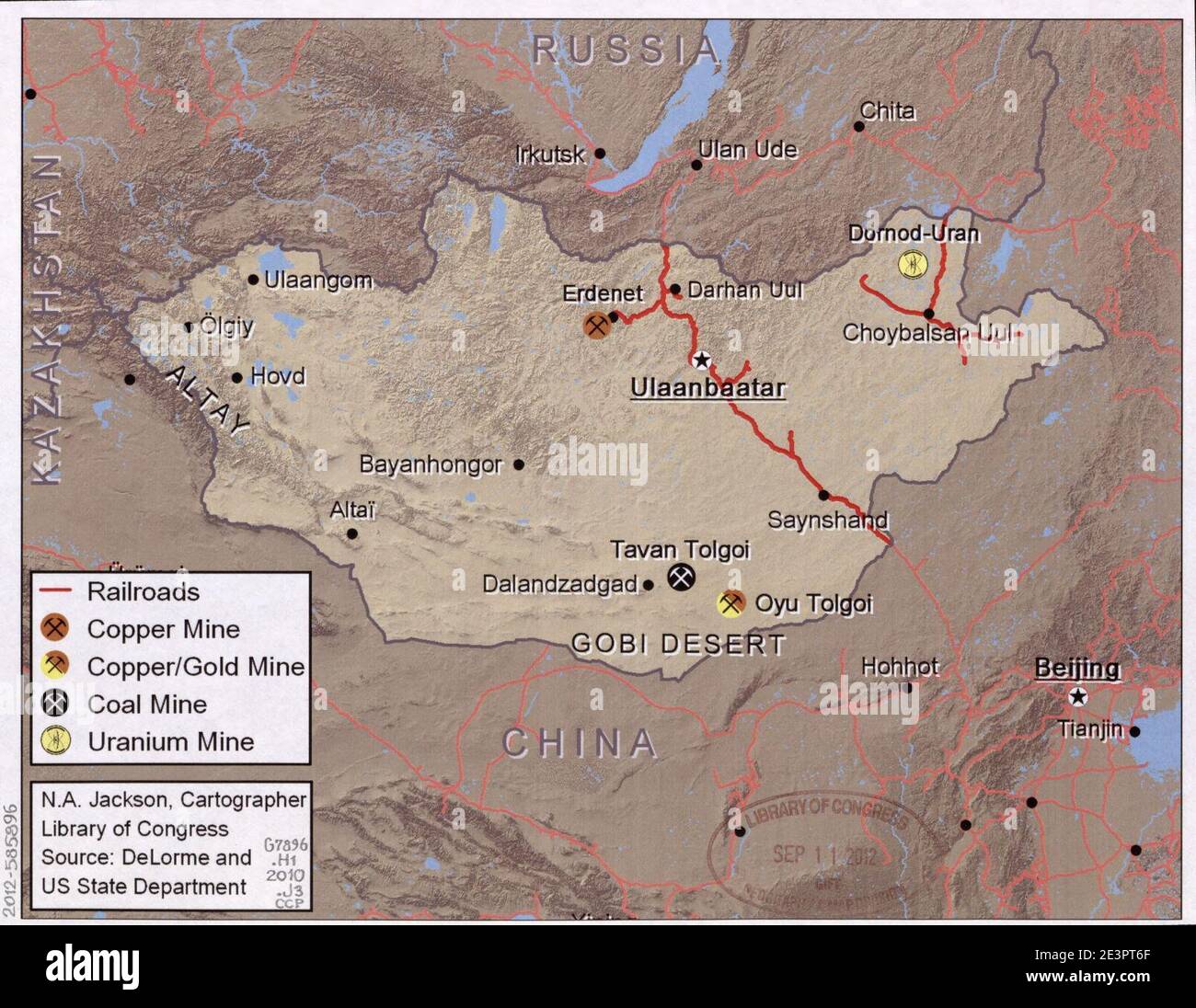 Map of Mongolia showing ore mines, coal mines, and railroads Stock Photo