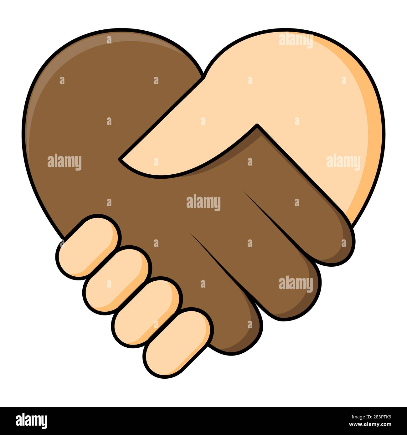 No racism - shake hand in heart shape. Two hands dark and fair skin in a handshake. Equality of races concept icon. Great also for symbol of agreement Stock Vector