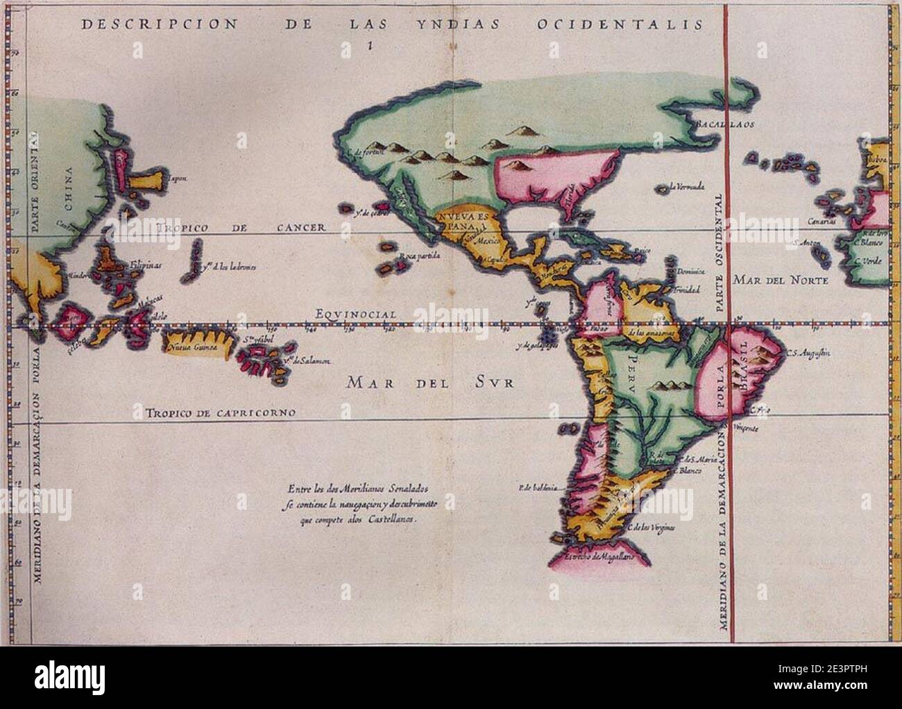 Map of meridian line set under the treaty of tordesillas stock photo