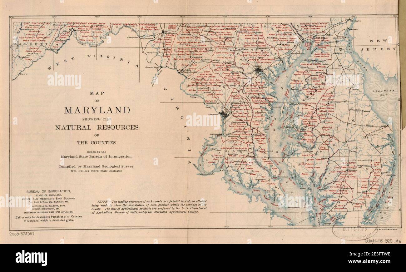 Map of Maryland showing the natural resources of the counties Stock
