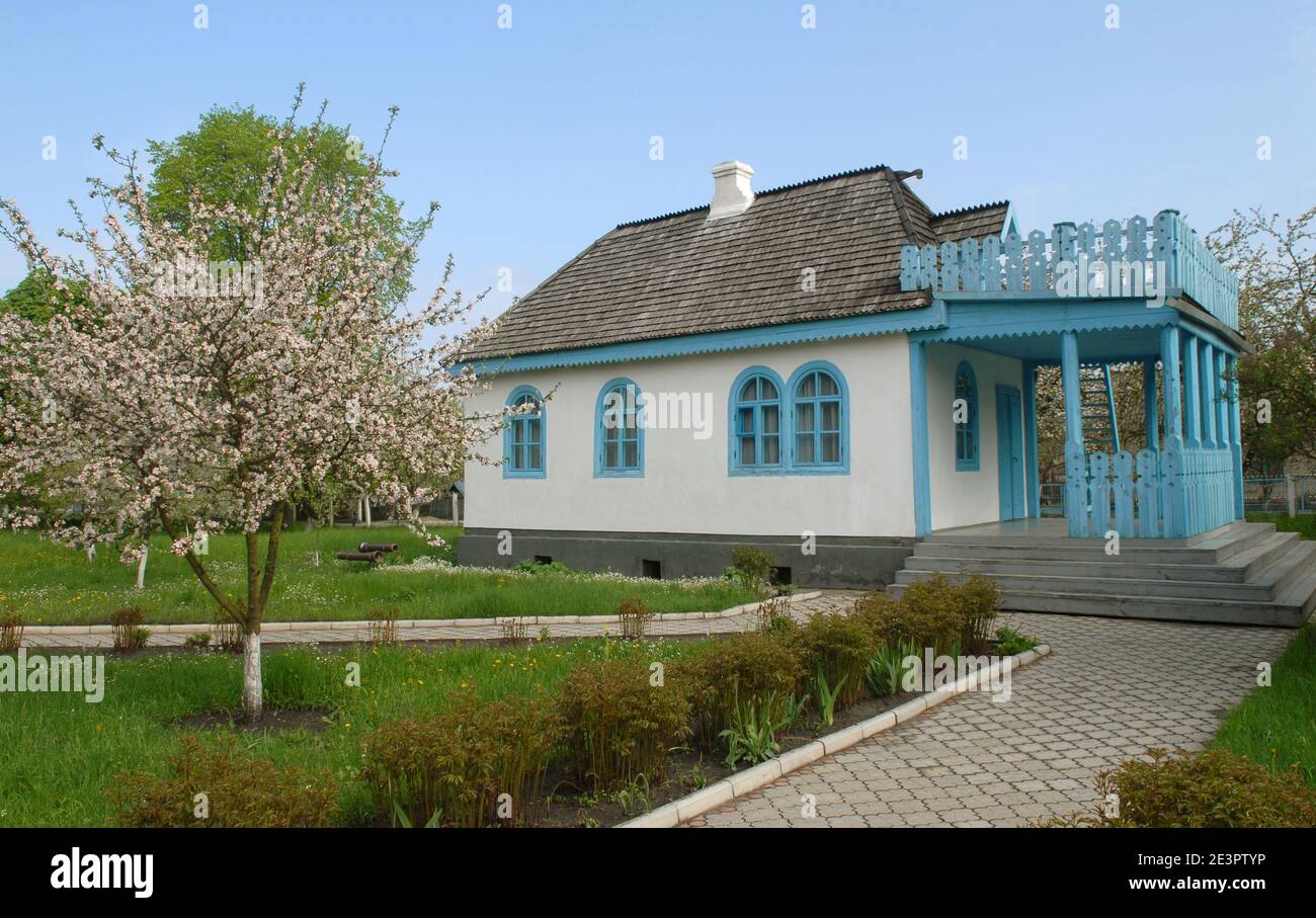 White house of Kosachy (Kosachi) estate in Kolodiazhne village. Spring blossom tree in foreground. Stock Photo