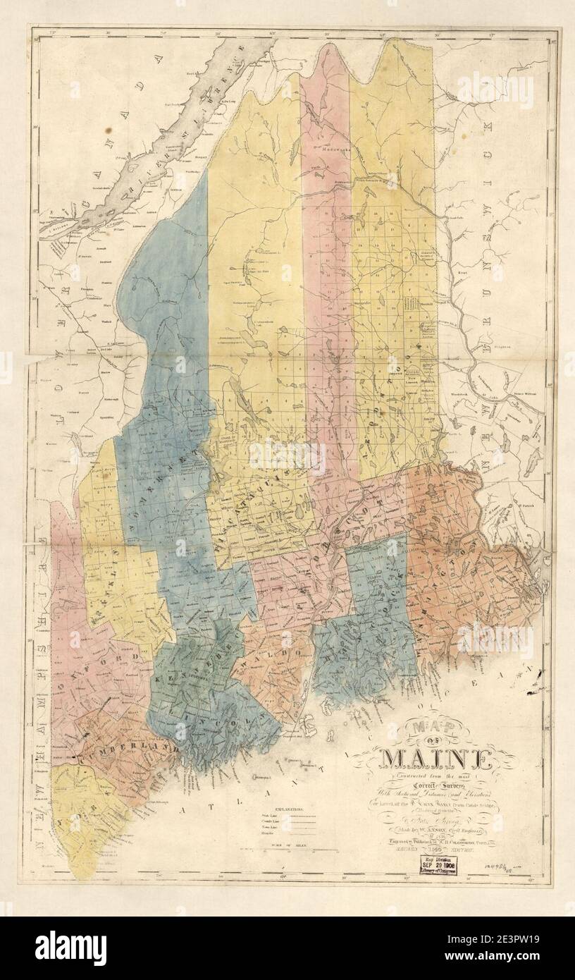 Map of Maine - constructed from the most correct surveys with sectional distances and elevations, or level, of the St. Croix River from Calais Bridge deduced from the states survey Stock Photo